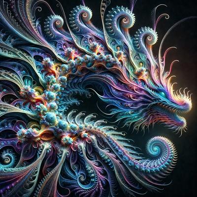 The primary subject of the image is a vibrant, colorful, and intricately designed dragon. The dragon is the main focus of the image, and it appears to be a digital art or illustration. The setting or background of the image is a dark, possibly nighttime, environment, which adds to the dramatic and mysterious atmosphere of the scene. The colors and mood of the image are predominantly dark and moody, with the dragon's vivid colors standing out against the darker background